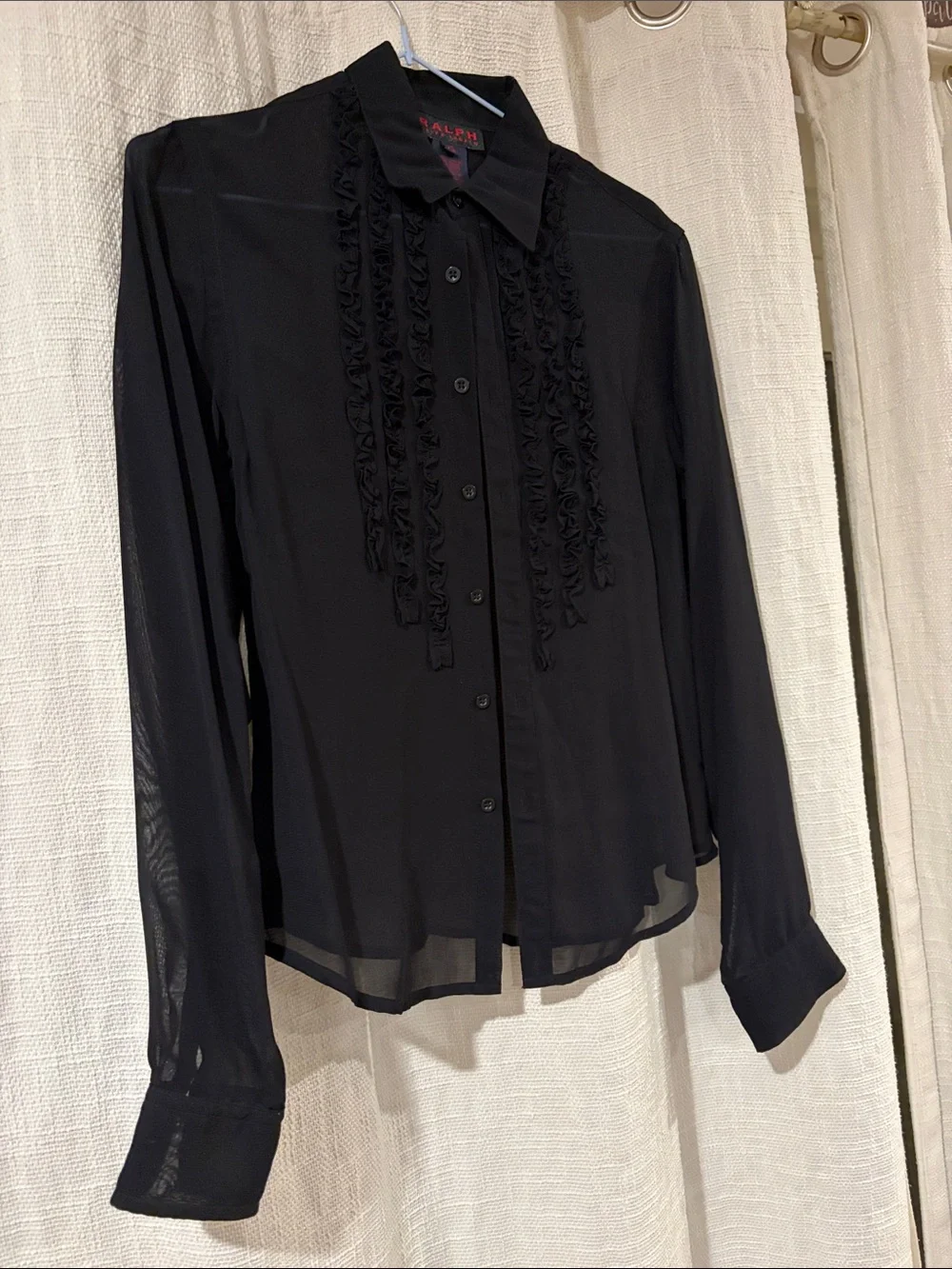 Ralph Lauren Black Ruffle-Trim Button-Up Top - Picture 2 of 2